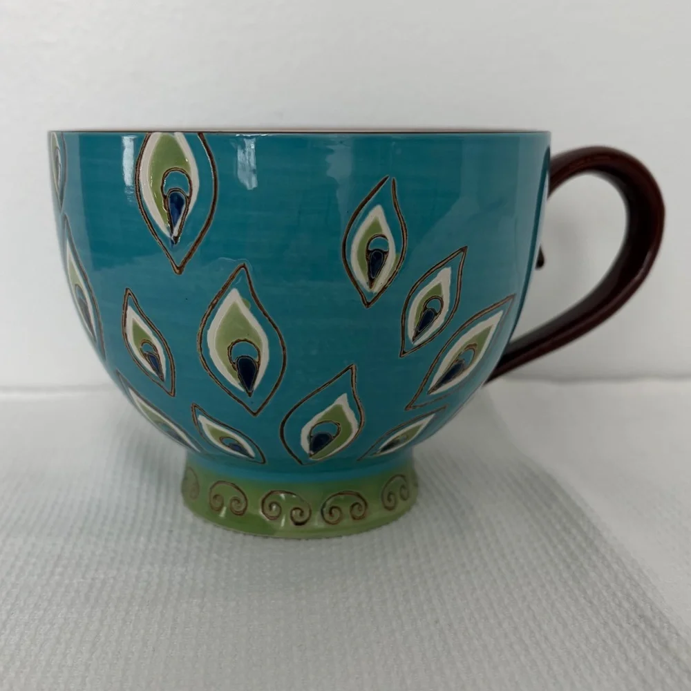 PIER 1 Dolomite Peacock Feather Hand Painted Mug Cup